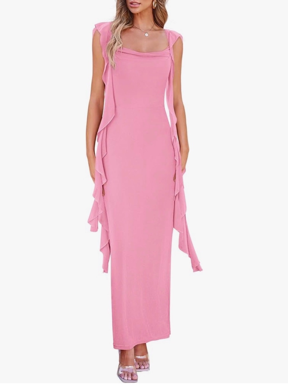 Pretty Garden Sleeveless Pink Ruffle-Trim Maxi Dress for Women